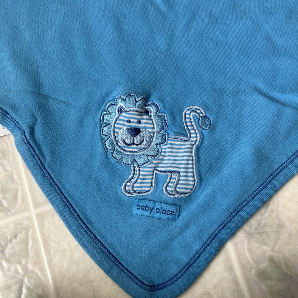Baby Place Blue White Stripe Baby‎ Blanket Lion Applique' Cotton Receiving